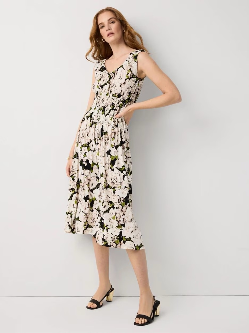 NWT WHBM White House Black Market  Ruched Rose Oasis Midi Dress Size M Medium